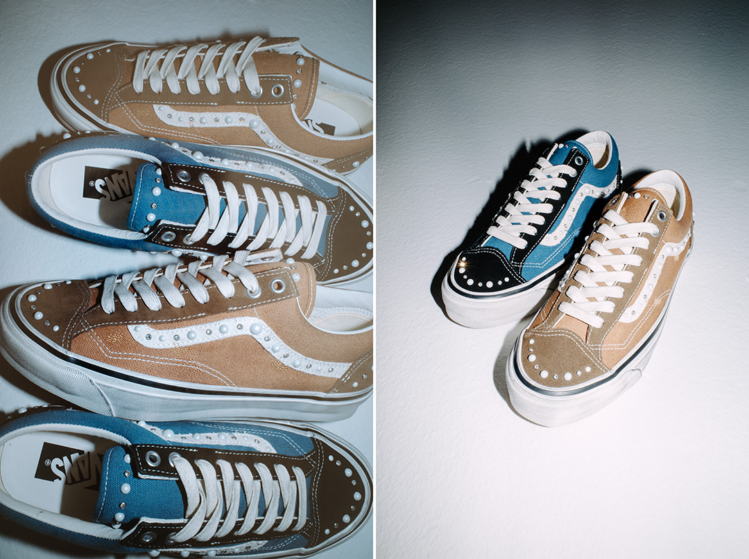 Side by side images with multiple pairs of Old Skool 36 Pearlized shoes.