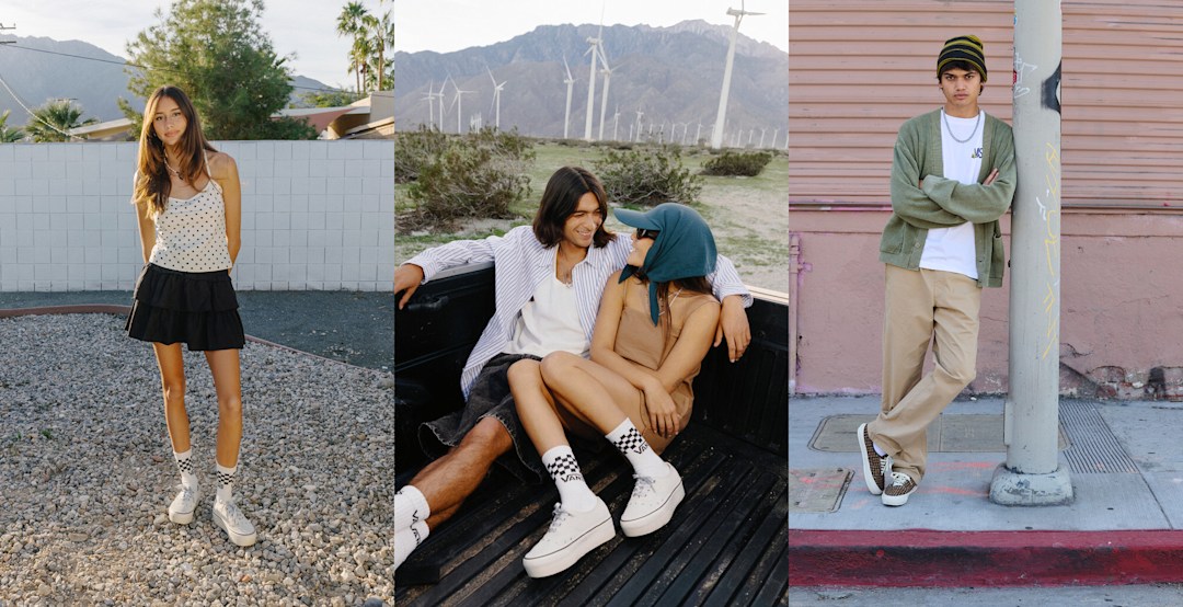 Three images of two women and two men wearing stylized head-to-toe fits with their Vans Authentic shoes outside.