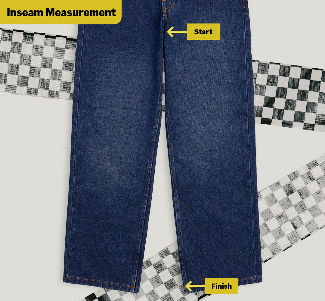 A diagram of a pair of blue jeans on the floor that says “Inseam Measurement” with a “Start” where the pant legs meet and a “Stop” at a leg opening.