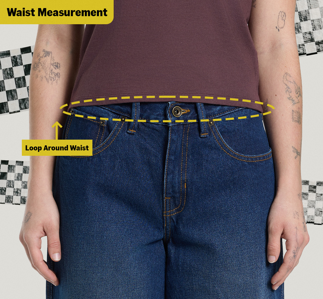 A diagram of a man standing in blue jeans that says “Waist Measurement” and a yellow dotted line around his waistline that reads “Loop Around Waist.”