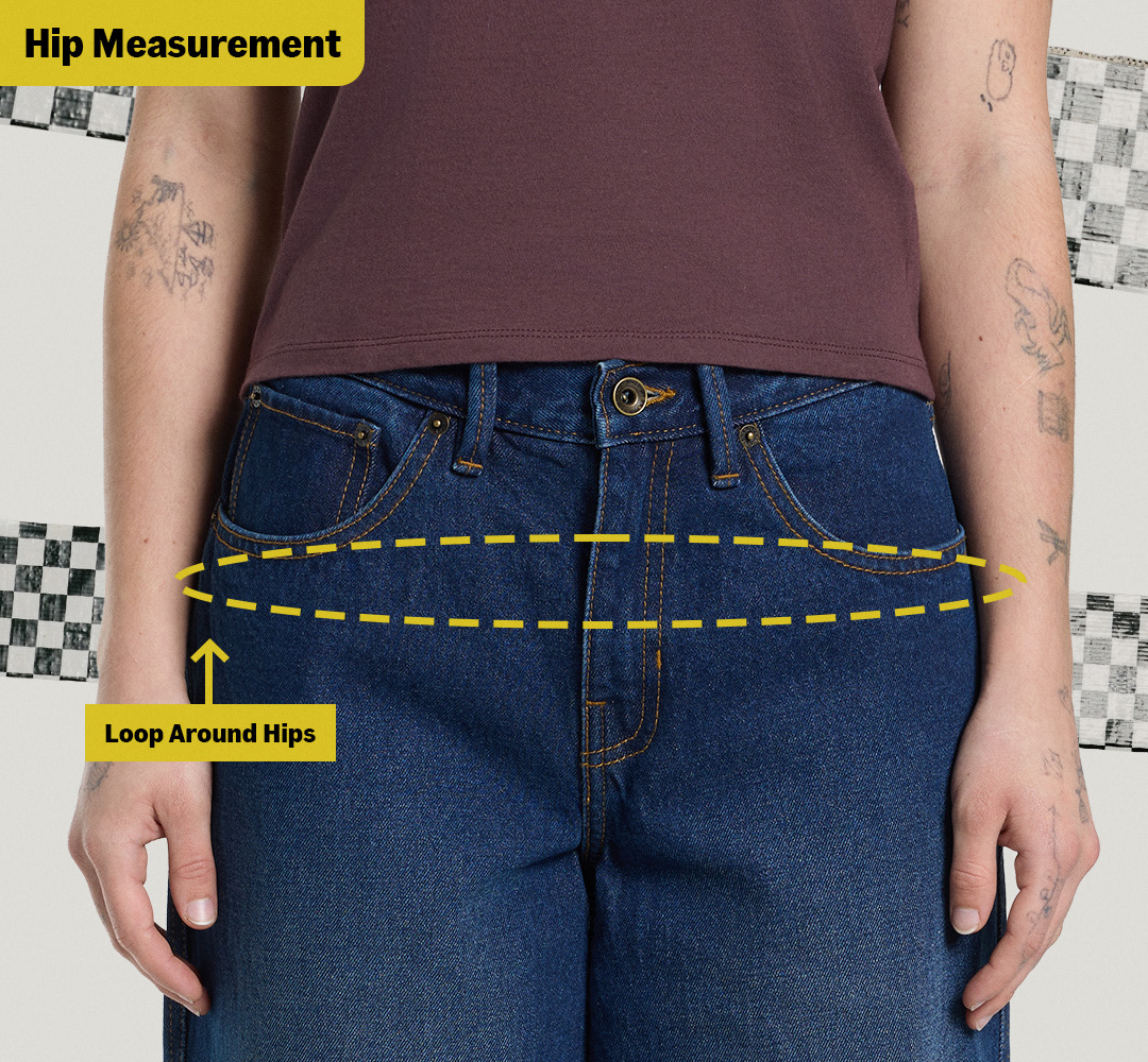 A diagram of a man standing in blue jeans that says “Hip Measurement” and a yellow dotted line around his waistline that reads “Hips Around Waist.”