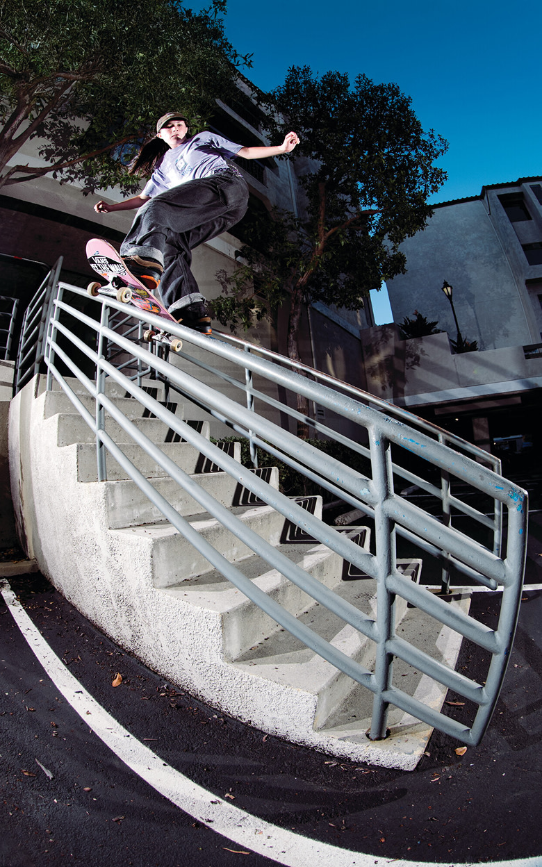 Vans Skate Team Rider Shiloh Catori boardslides a concrete rail wearing the Skate Era WaffleCup.
