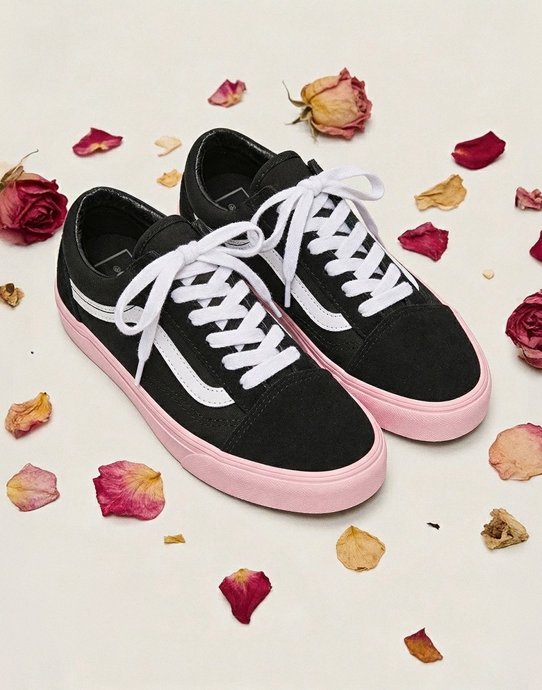 A pair of black and pink Old Skool shoes on the floor of a photography studio surrounded by rose buds and petals.