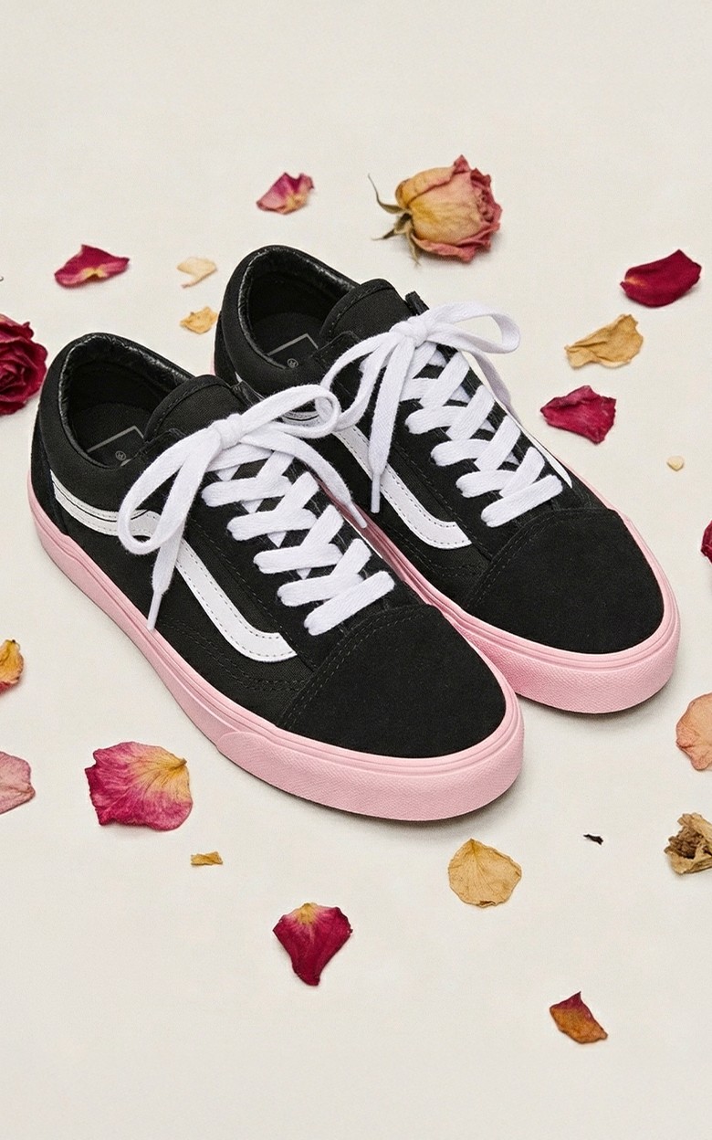 A pair of black and pink Old Skools on the floor of a photography studio surrounded by rose buds and petals.