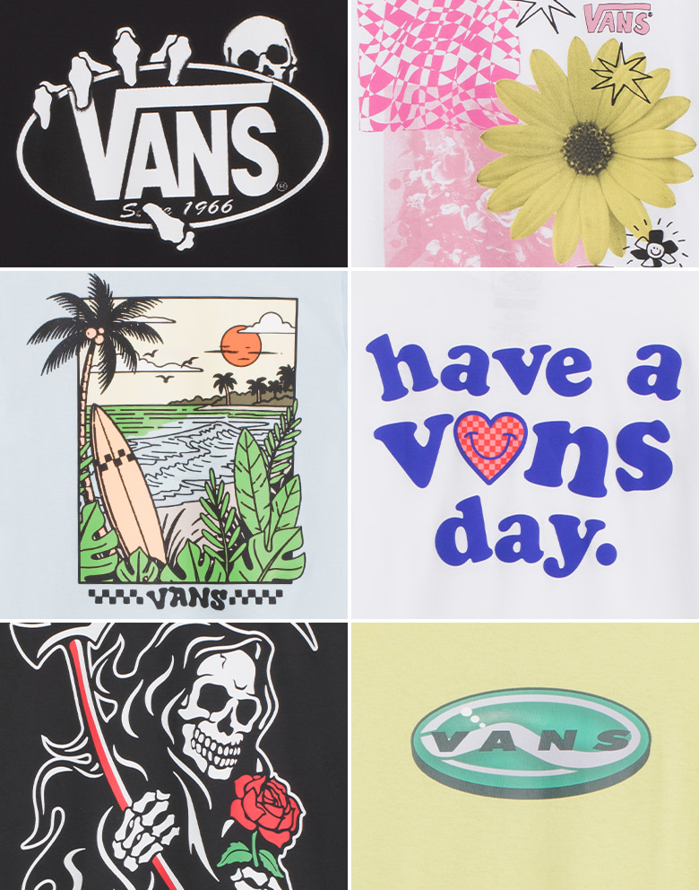 Close-ups of new designs on graphic tees in a grid.