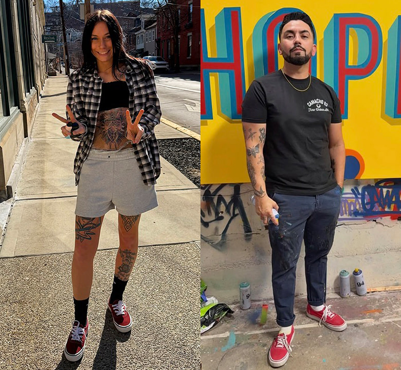 Two images of contest entrants wearing Authentic shoes and full fits in a variety of settings.