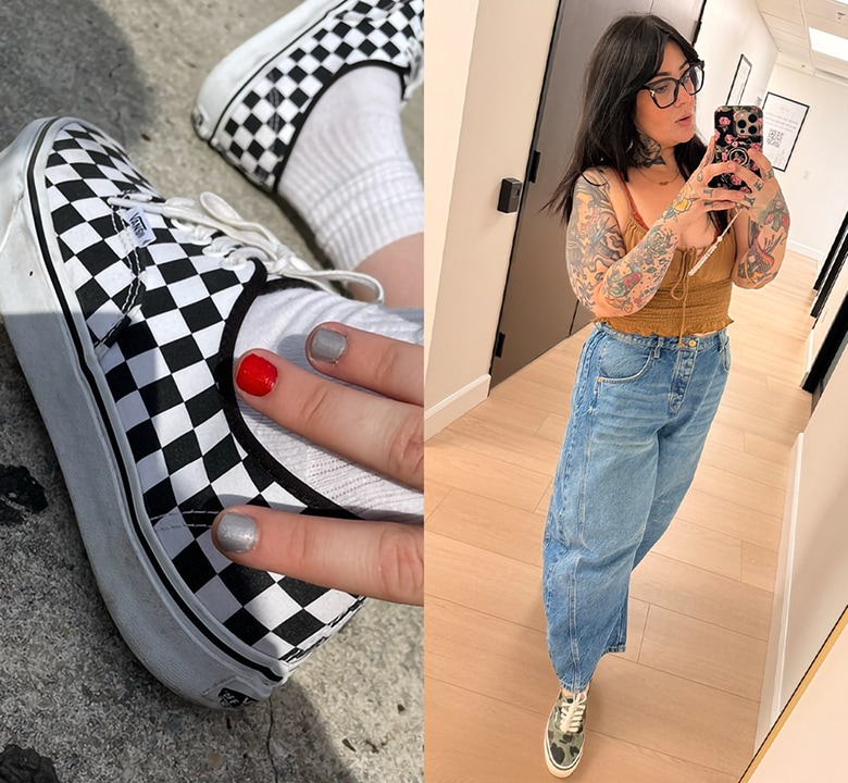 Two images: one of a close-up on someone in Checkerboard Authentic shoes and the other of a young woman taking a selfie in Authentic shoes.