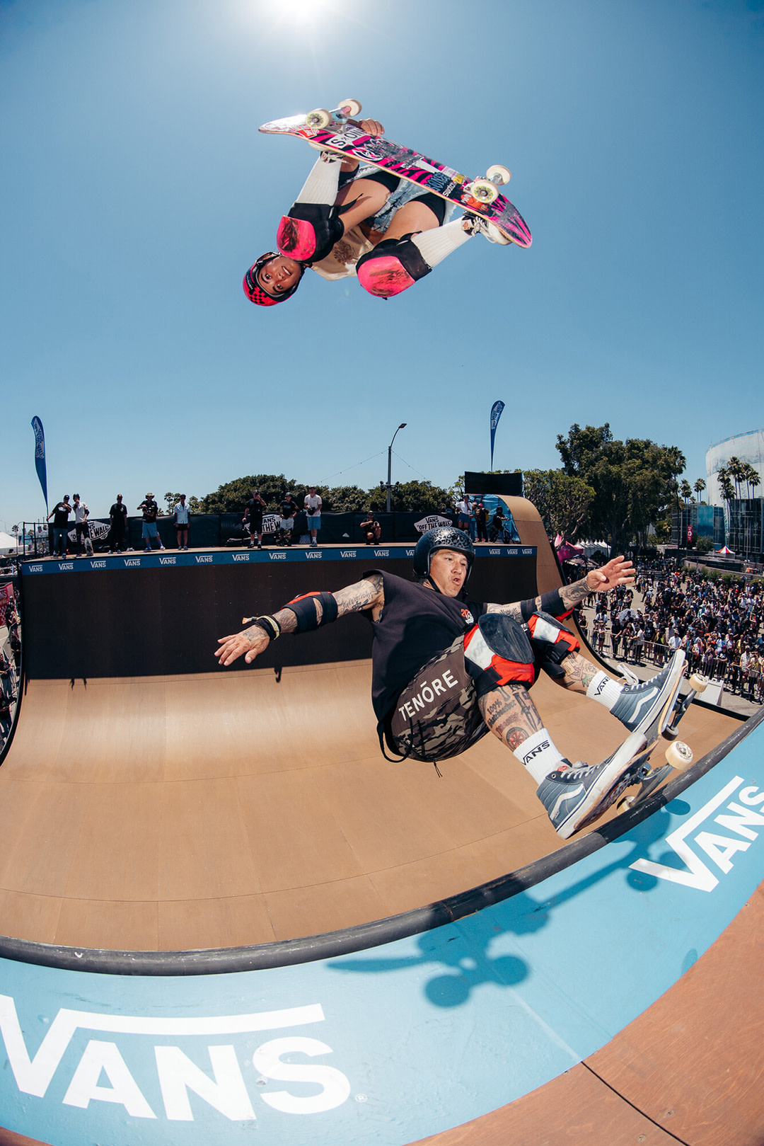 Professional Skateboarder Arisa Trew and Christian Hosoi skateboarding at the 2025 Warped Tour