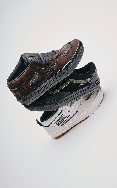 The new Skate Half Cab WaffleCup colorways and the new Skate Old Skool colorway on the floor of a photo studio.