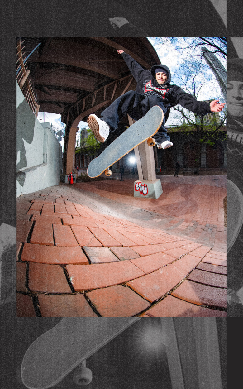 Fish eye shot of somebody caught midair doing a trick while skating over a brick path. / Extreme wide shot of a skater under a bridge grinding on a handrail on top of a ramp.