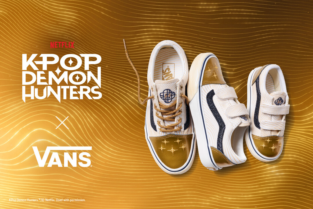 The new K-Pop Demon Hunters x Vans shoes are laid out with a golden background. 