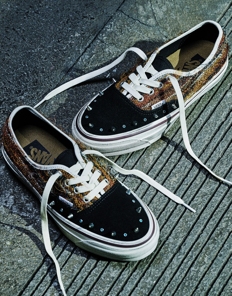 An overhead shot of Ecca Vandal’s Authentic featuring mohair and metal spikes from the Worn Loud collection.