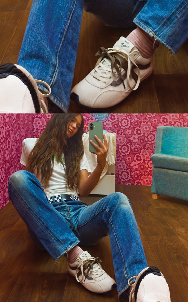 Split image. On top, zoomed in shot of the Premium Super Lowpro Trainer in Cream. Below, wide shot of a woman sitting on the floor wearing the shoes.