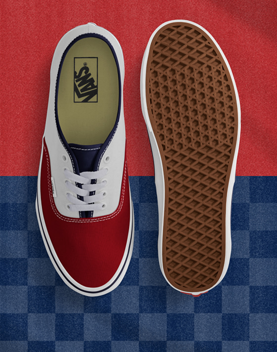 Top down view of the red/white/blue Authentic with one shoe sole up and both on a split red/blue background but the bottom half is checkered blue.