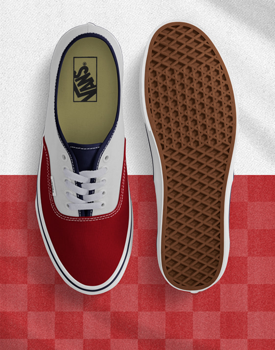 Top down view of the red/white/blue Authentic with one shoe sole up and both on a split white/red background but the bottom half is checkered red.