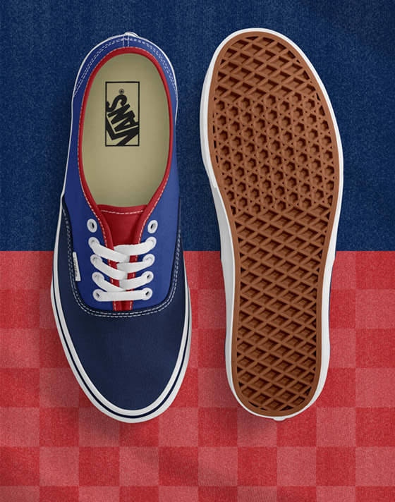 Top down view of the navy/blue/white Authentic with one shoe sole up and both on a split navy/red background but the bottom half is checkered red.