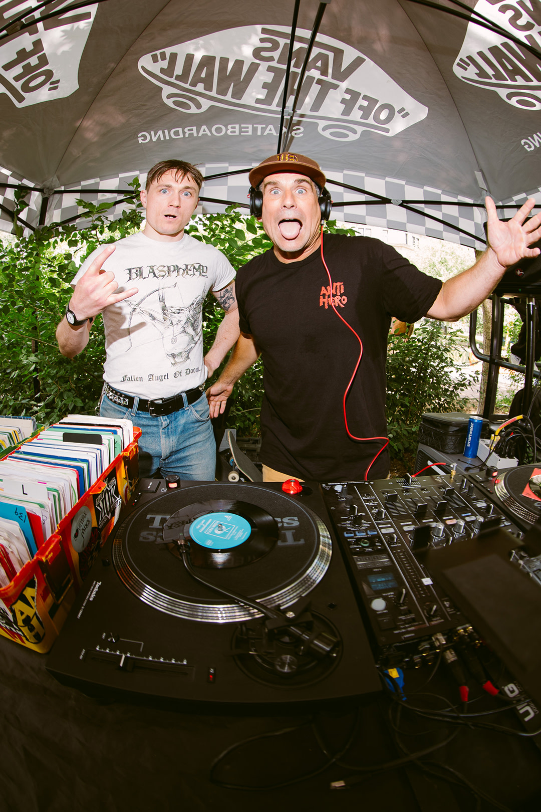 John Cardiel and Ben Kadow working the DJ booth at the Vans Go Skateboarding Day Event 2026