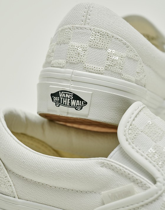 Close-up on the white sequins on the Classic Slip-On Checkerboard Shoe