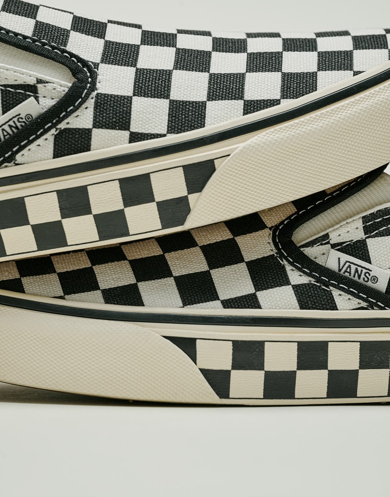 Close-up on the checkerboard pattern on the Checkerboard Classic Slip-On.