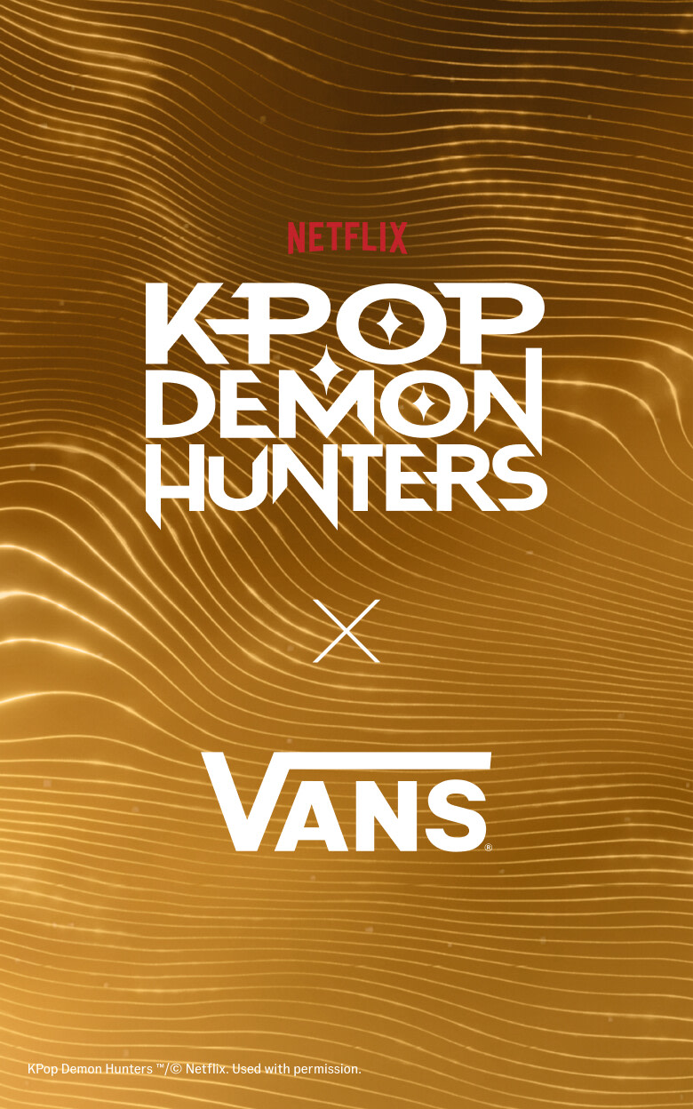 Image with Golden background with the Netflix KPop Demon Hunters logo and Vans logo.