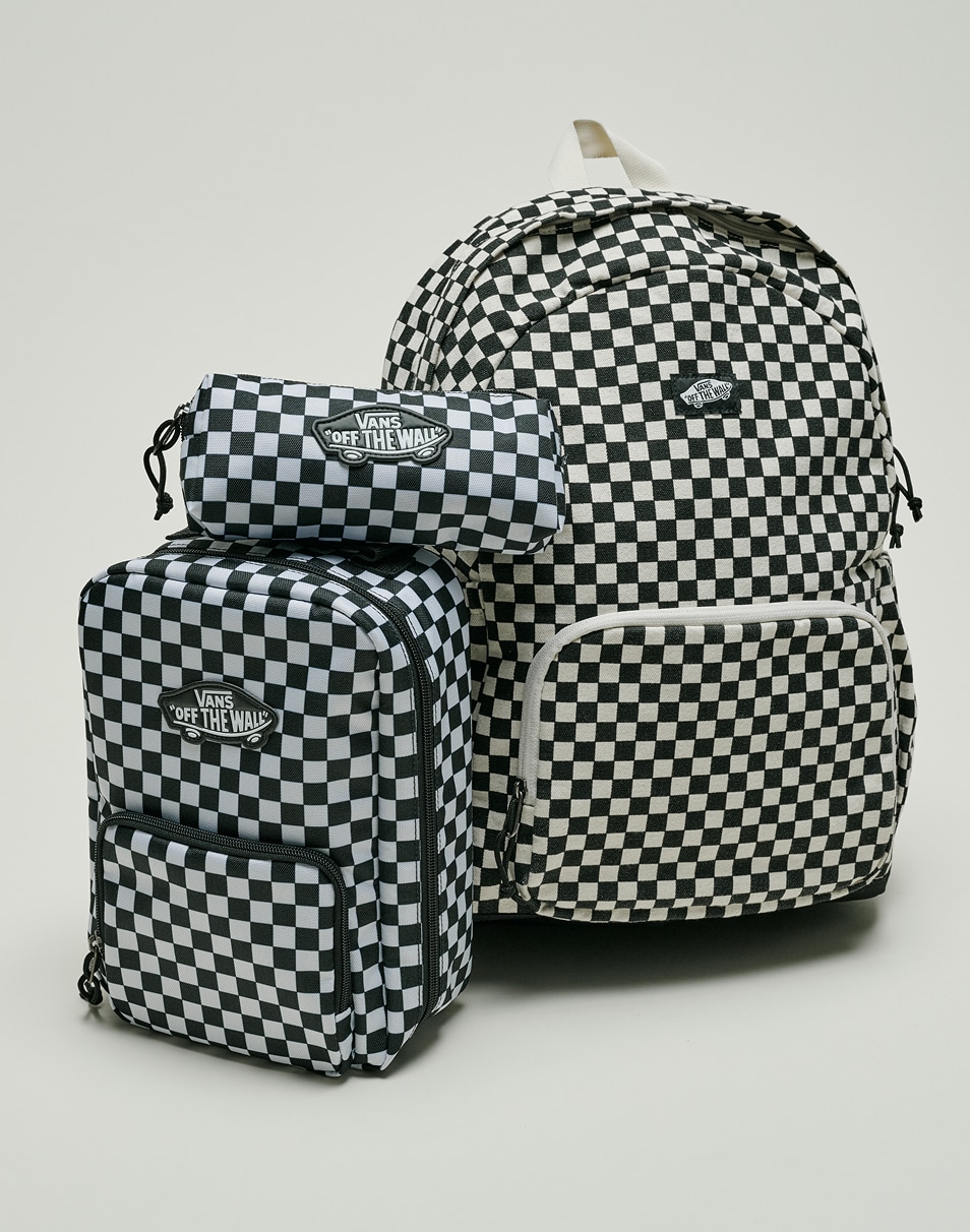 An Old Skool Checkerboard Backpack, Checkerboard Old Skool Lunch Bag, and an Old Skool Pencil Checkerboard Pouch Bag in a photo studio.