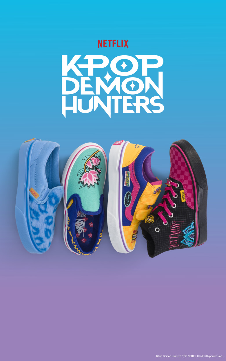 An overhead shot of new kids’ styles of the Classic Slip-On, Old Skool V, and the Sk8-Hi from the KPop Demon Hunters collection.