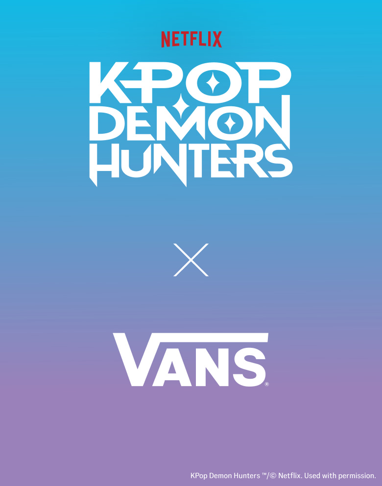 The KPop Demon Hunters and Vans logos on a blue and purple gradient background.