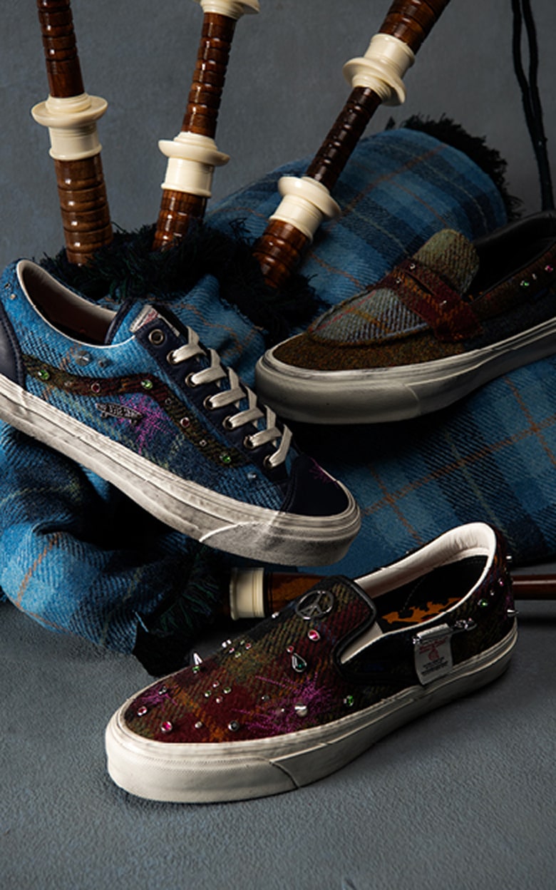 The Old Skool, Classic Slip-On, and Skate Loafer in Harris Tweed fabric and spikes next to a set of bagpipes.