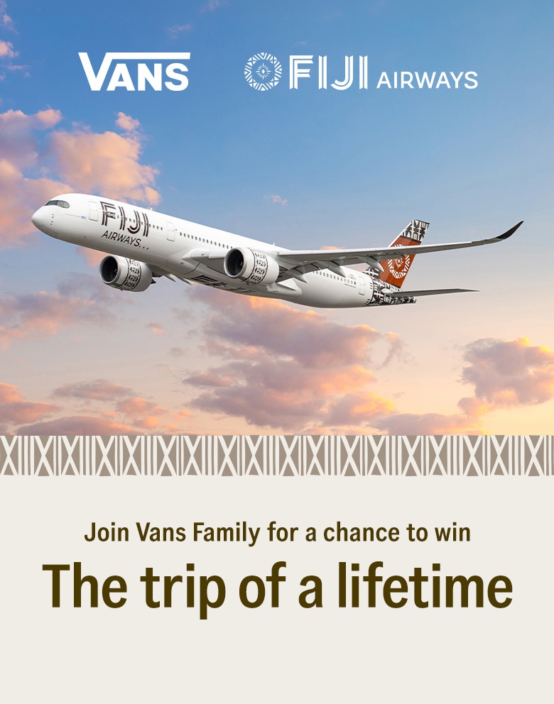 The Vans logo and the Fiji Airways logo above a plane flying in the sky with the text Join Vans Family for a chance to win.