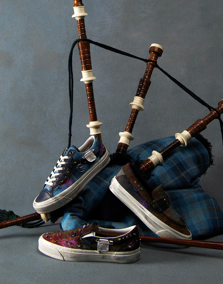 The Old Skool, Classic Slip-On, and Skate Loafer in Harris Tweed fabric and spikes next to a set of bagpipes.