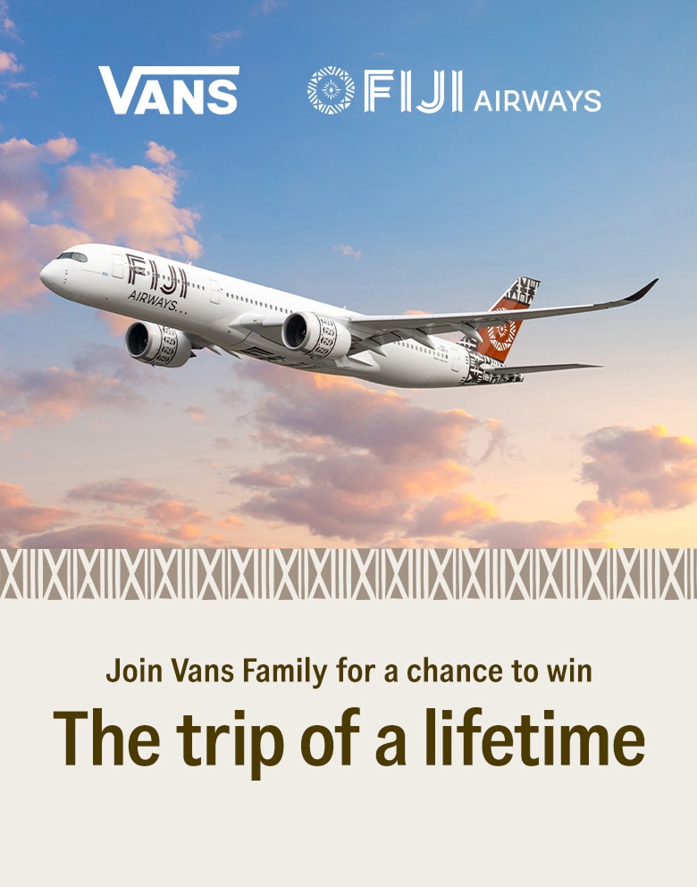The Vans logo and the Fiji Airways logo above a plane flying in the sky with the text Join Vans Family for a chance to win.