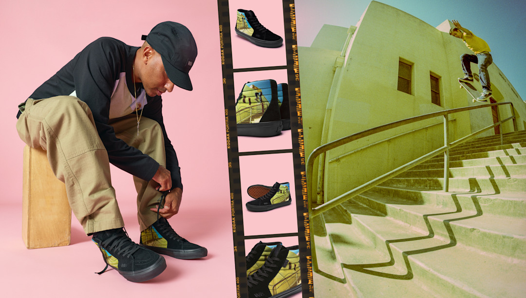 Atiba Jefferson tying Vans x Atiba Sk8-Hi Shoe with an archive photo of Geoff Rowley.