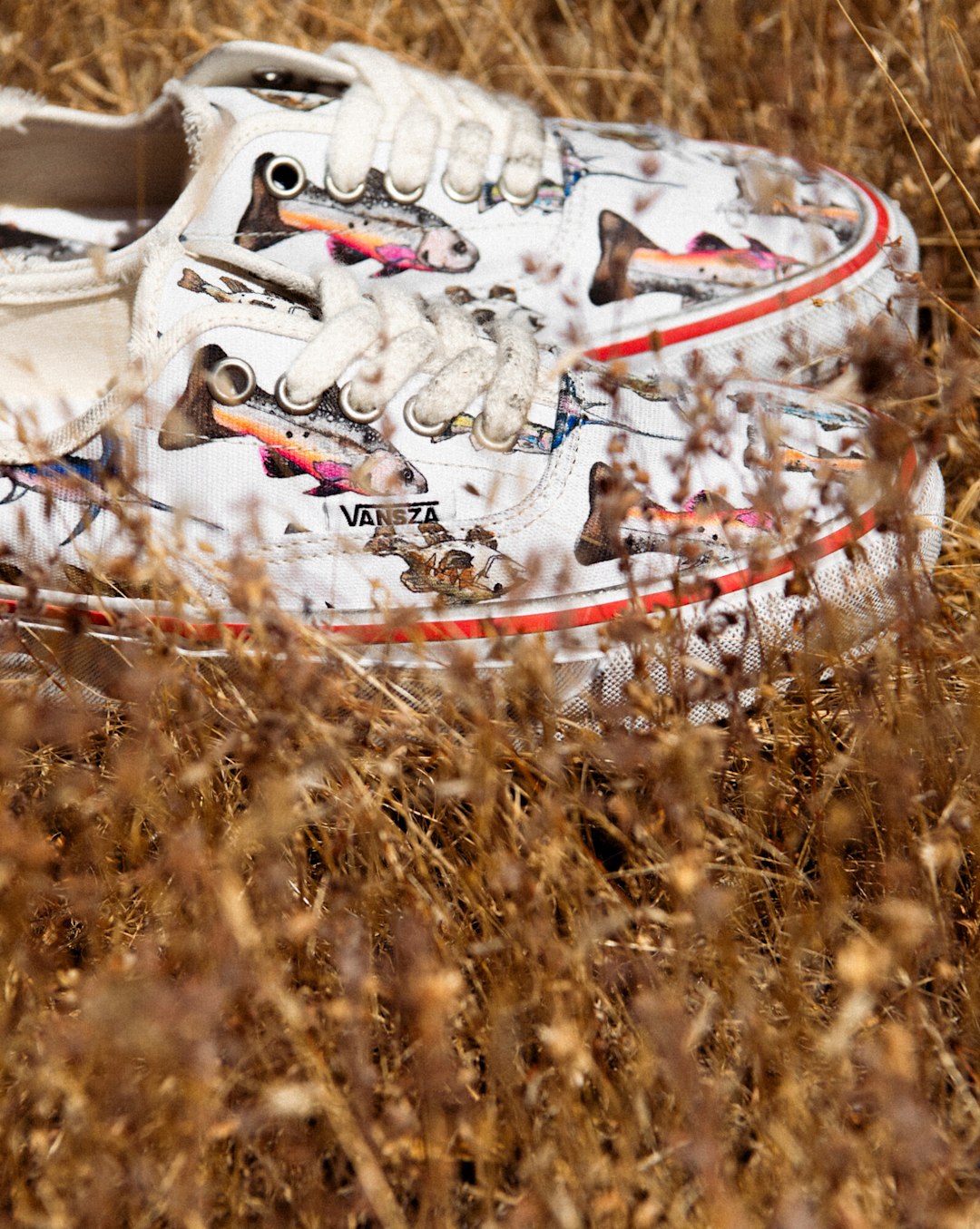 A pair of Authentics from the Vans x SZA collaboration in a dry grass field.