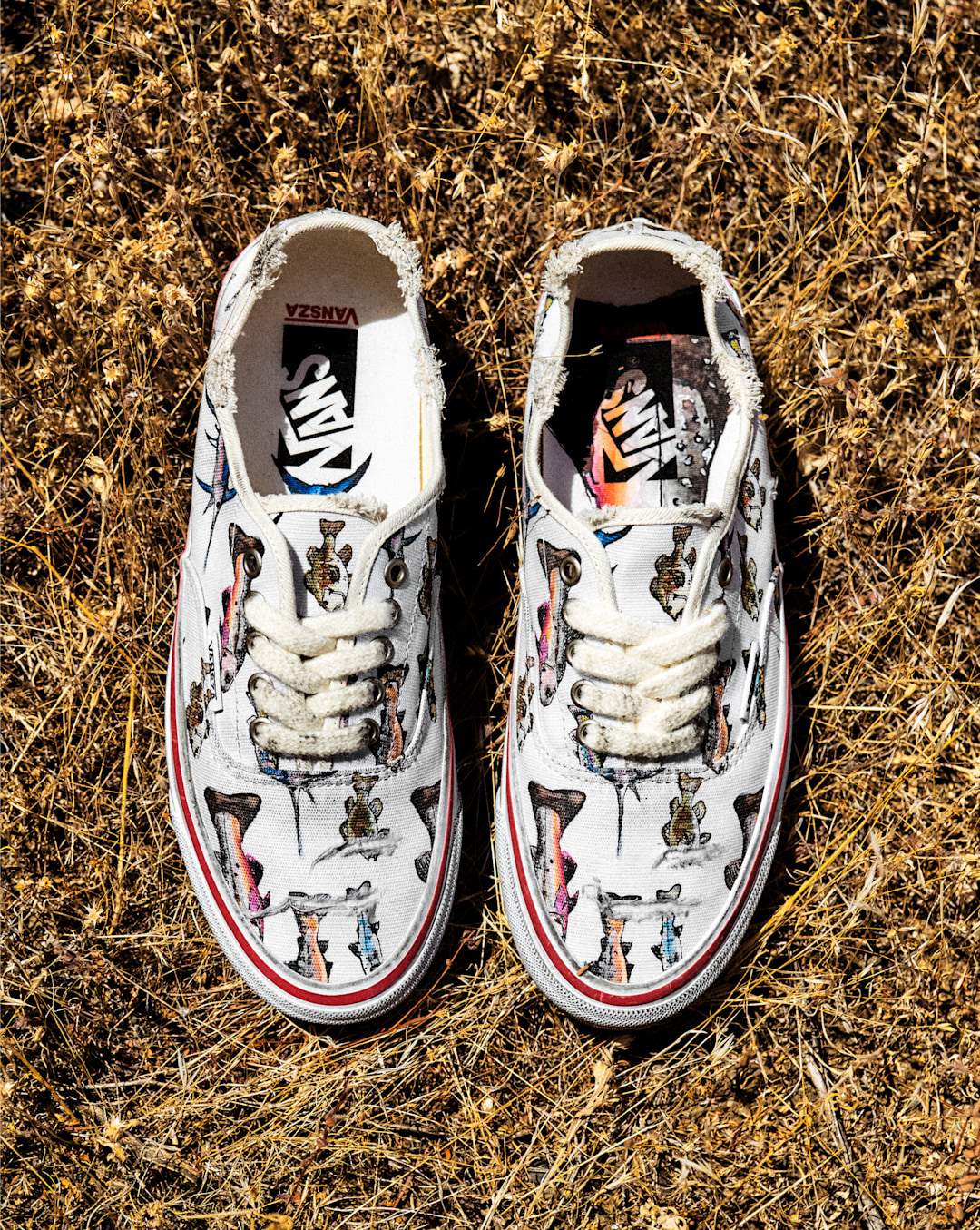 Top-down view of the Vansza Authentic Kickdown showcasing an allover fish print, lace-up design, and frayed details.