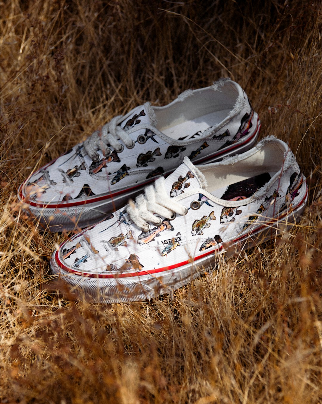 Angled view of the Vansza Authentic Kickdown shoe featuring an allover fish print and distressed sidewall detailing in a grassy outdoor setting.