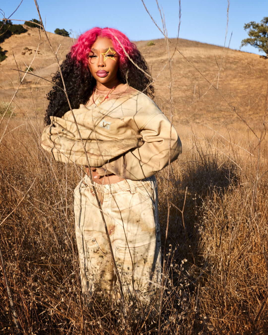 SZA posing in an open evnironment in Vansza Workwear Trompe L'Oeil Fleece Set.