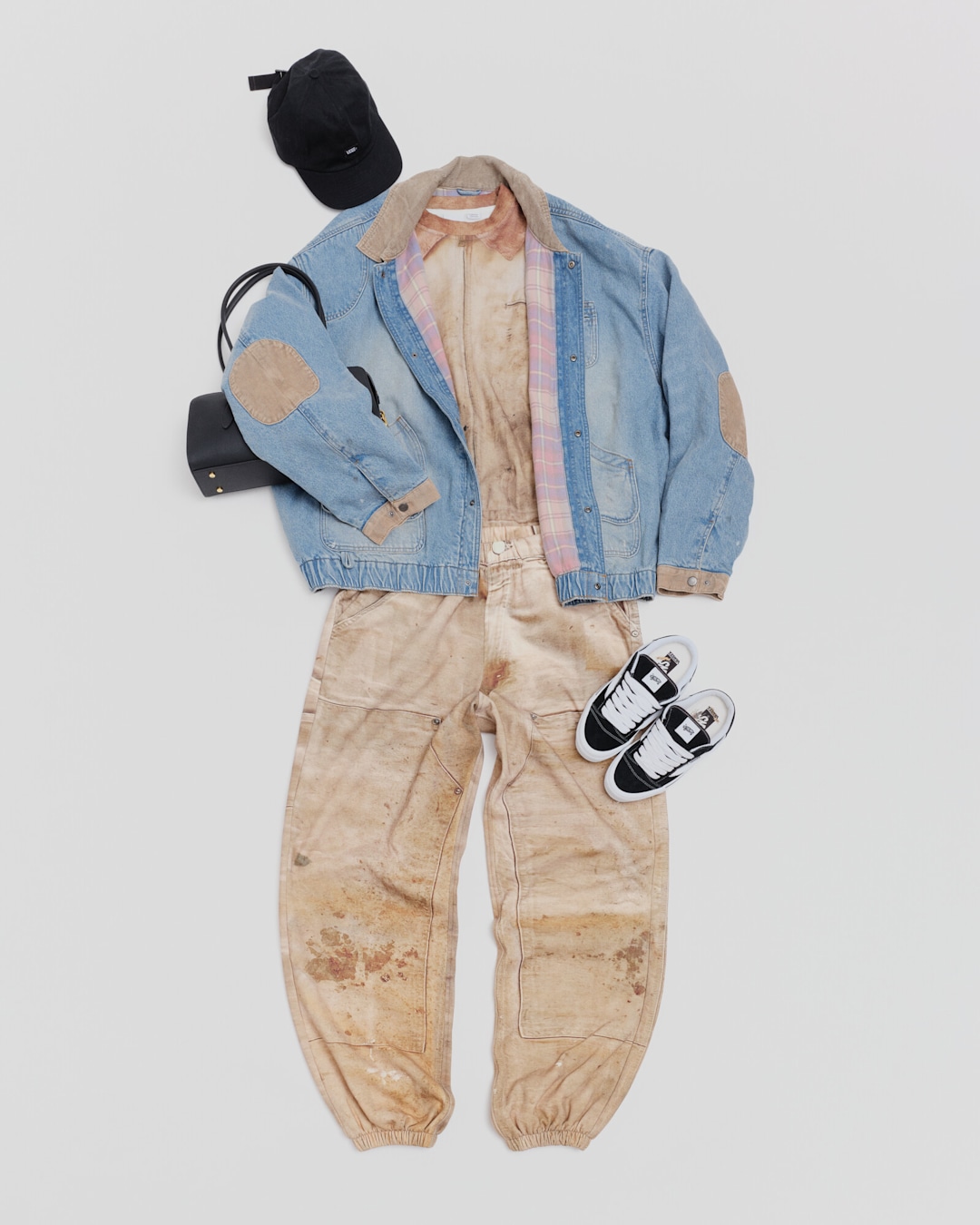 Curated VANSZA outfit featuring layered workwear-inspired pieces, a Denim Hunting Jacket, Trompe L'oeil fleece and sweatpants, Knu Skool Mule, and accessories.