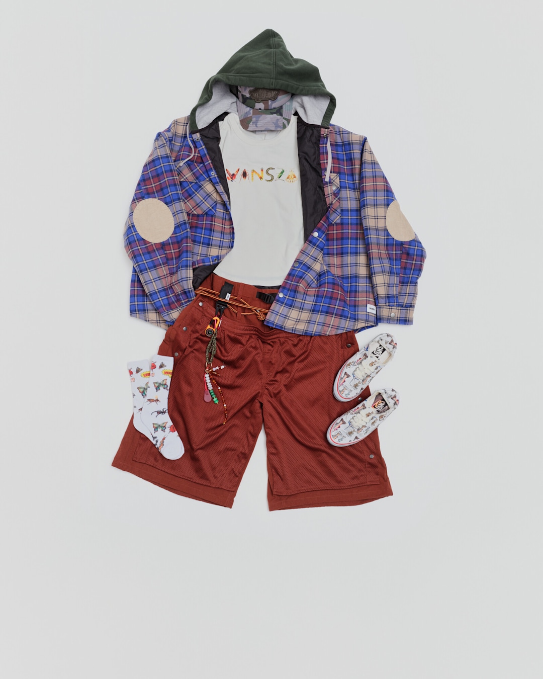 VANSZA outfit flat lay featuring the Flannel Hoodie, Baby Tee, Outdoor Oversized Short, Crew Sock 2, and Authentic Kickdown Shoe.