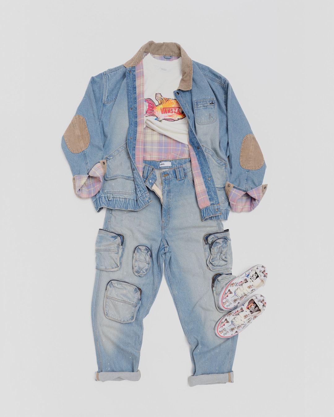 VANSZA outfit flat lay featuring the Denim Hunting Jacket, Loose Fit SS Tee 1, Multi-Pocket Denim Pant, and Authentic Kickdown Shoe.