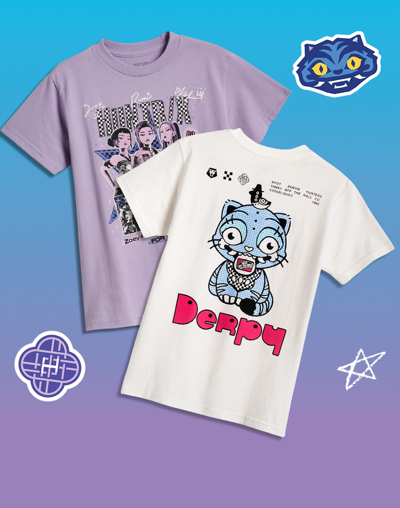 Two kids’ graphic tees from the KPop Demon Hunters Collection stacked on top of each other on a gradient background.