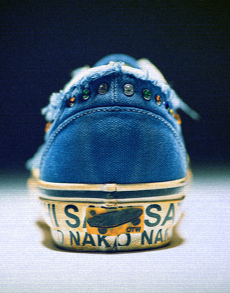 Image of the OTW by Vans x Satoshi Nakamoto shoe with a black and white background.