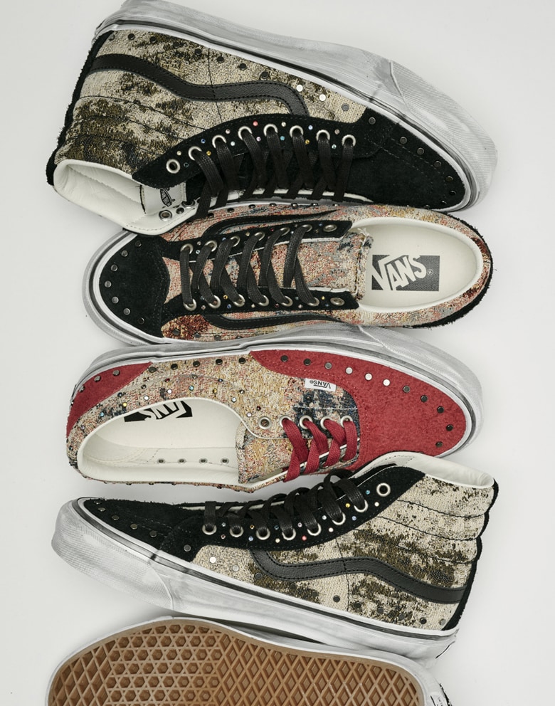 An overhead shot of floral and rivets style Icons including the Premium Old Skool 36, Premium Sk8-Hi 38, and Premium Authentic.