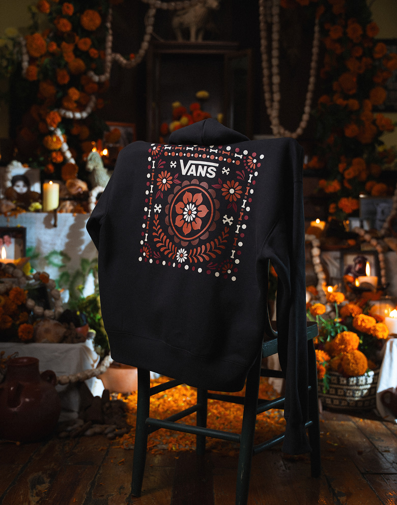 Close-up on a Día de Muertos graphic tee from the Vans and Mauro Garfias collection.