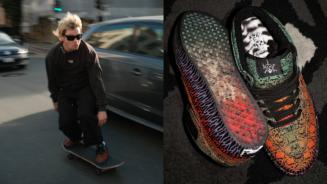 Someone skating in the OTW x Bad Idea by CHITO Half Cab 33 Vans featuring original artwork by Wreckpack.