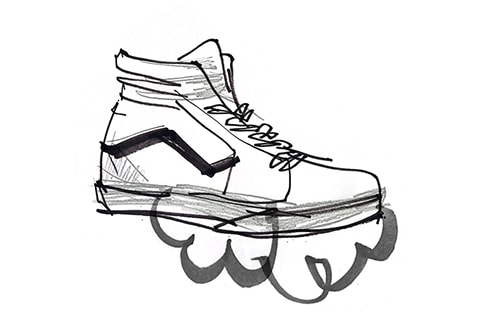 A loosely sketched Sk8-Hi shoe with clouds emanating from the rubber walls.