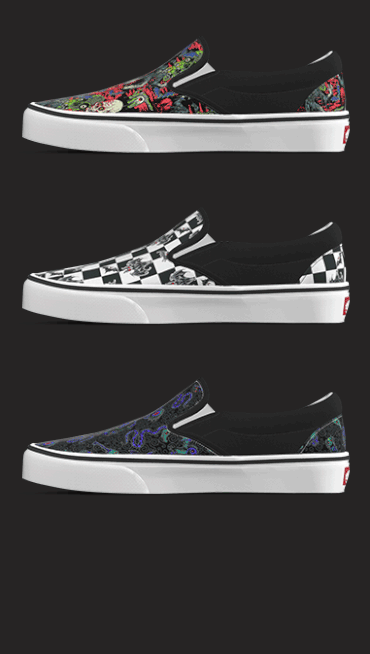 Three profiles of the Classic Slip-On with custom Halloween graphics from Vans Customs.