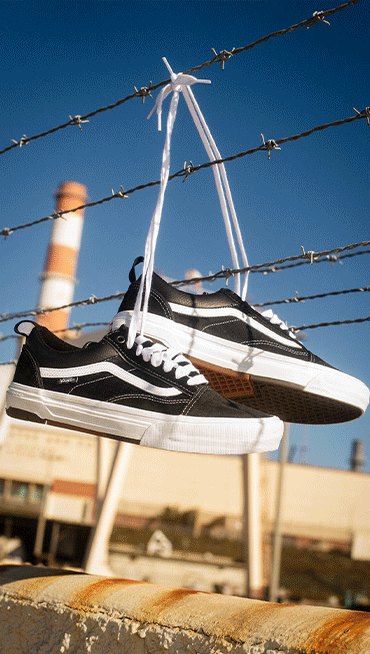 Gif of the Old Skool with WaffleCup in black and white hanging from barbed wire, then highlighting the WaffleCup sole, then a look of them on feet.