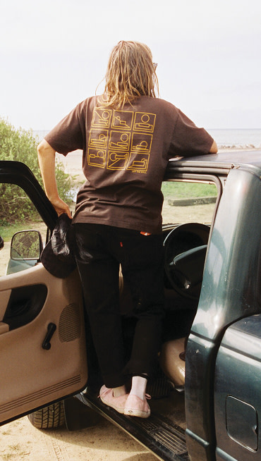A person stands on a truck looking at a beach in pink Authentic and Vans clothes.
