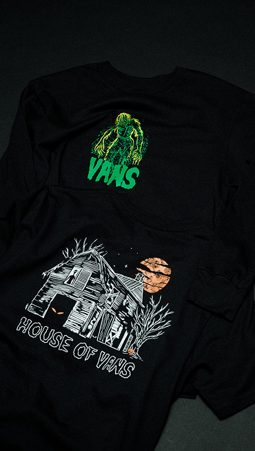 A close-up of two Vans Halloween t-shirts showing their graphics.