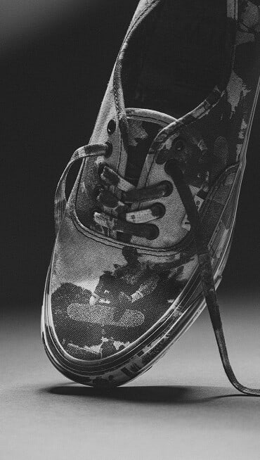 OTW by Vans X Atiba authentic shoe angled on the tip of shoe and shot in black and white.